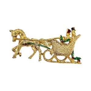 Vintage Gerrys Christmas Sleigh Brooch Pin Gold Tone Signed